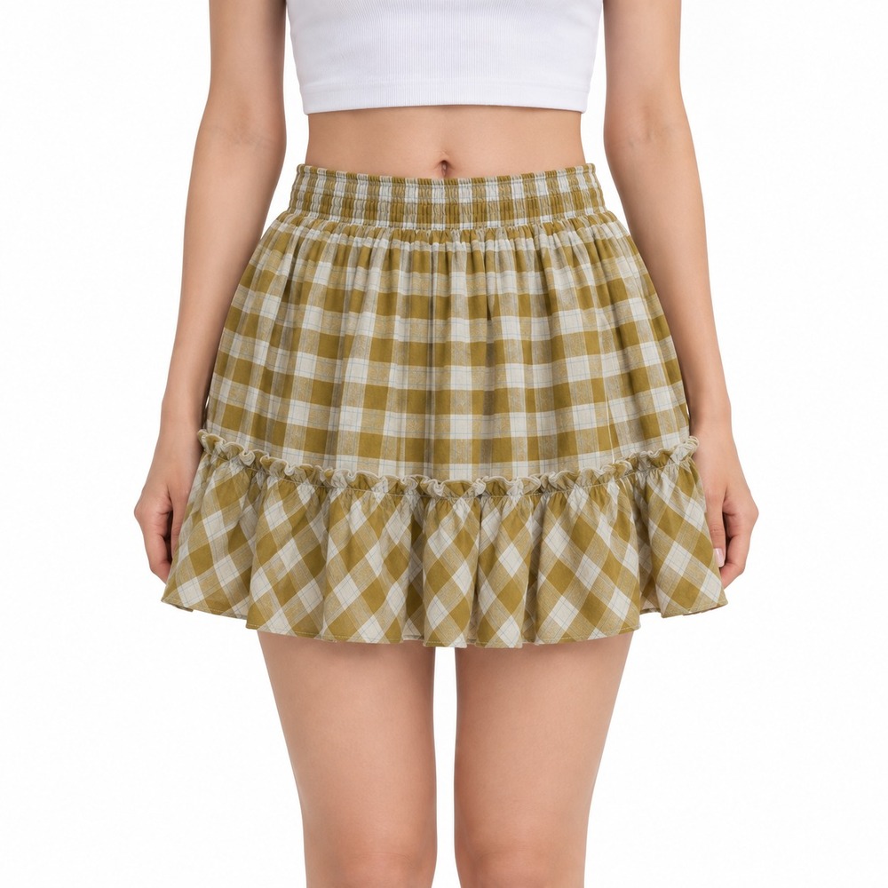 Promesa  A-Line Mini Skirt Women's Small Gingham Ruffle Hem Elastic Waist NWT